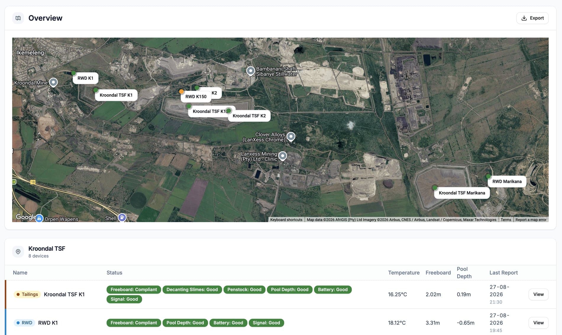 The LevelSense dashboard: every monitored site on one map, with freeboard, pool depth, temperature and compliance status for each device